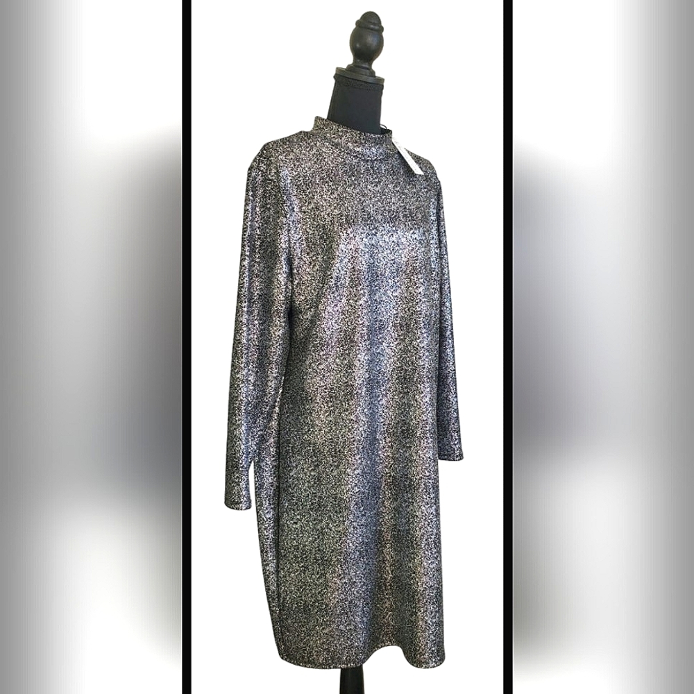Nicole Miller Silver Gray Metallic Long Sleeve Sparkly Party Dress Plus 1X NEW